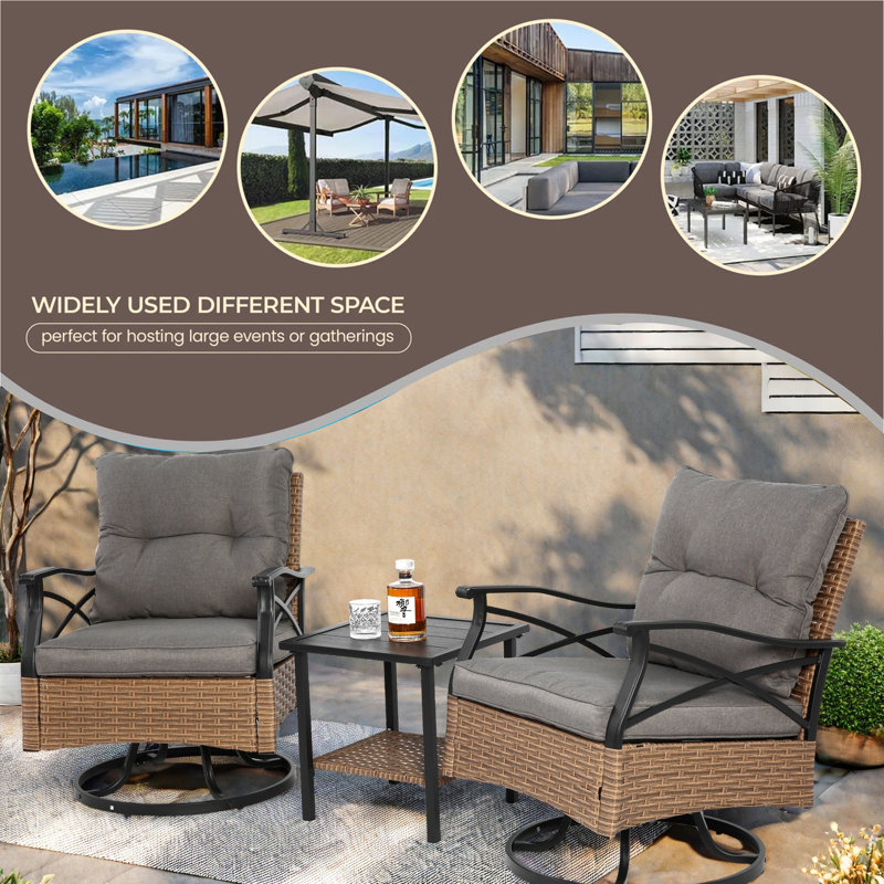 Ensemble de chaises berçantes pivotantes d'extérieur 3 pièces avec 1 table et 2 chaises berçantes