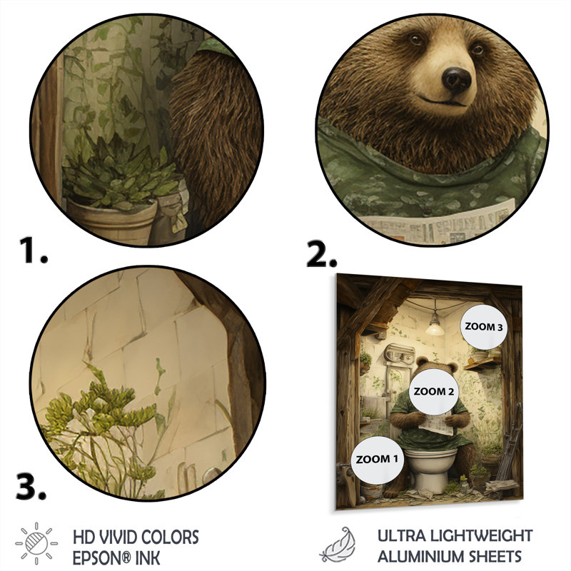 Bears Bathroom Break 2 - Toilette, art mural en métal, H 20 po x l 12 po x P 1 po