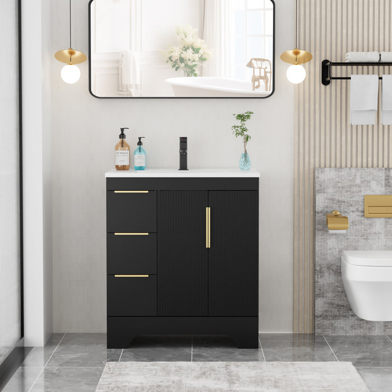 Skeen 30" Mid-century Modern Single Bathroom Vanity Set With Resin Sink Top, Faucet, Assembly Required, 30", Black