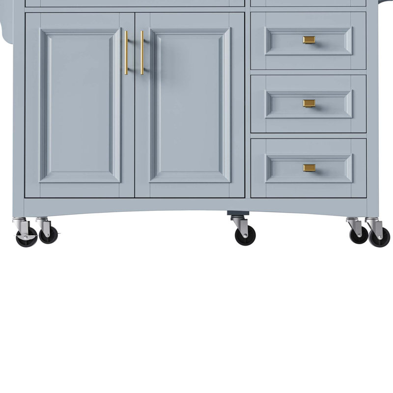 52'' Kitchen Island with Drop Leaf, Embossed Texture Kitchen Island on Wheels with Spice Rack, Towel Rack, 2 Doors and 5 Drawers, Kitchen Storage Cart with Adjustable Shelf for Kitchen