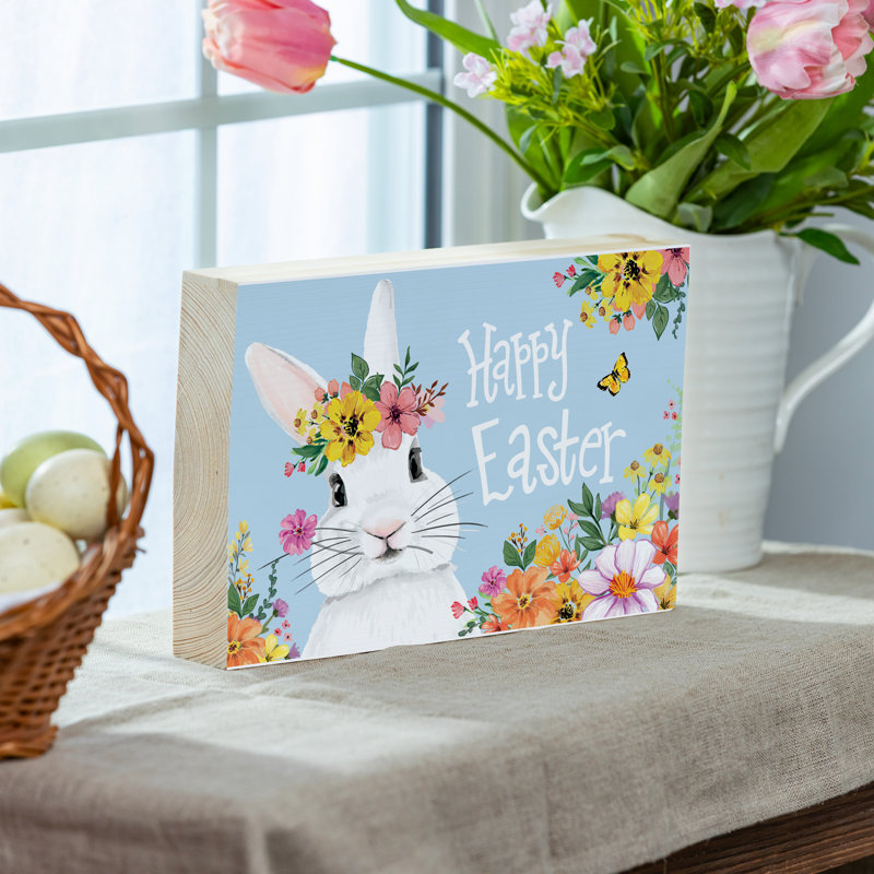 Décoration de table en bois Bunny Blooms, L 12 po x H 8 po