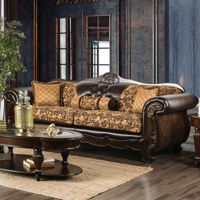 93.4" W Traditional Sofa, Tan/Dark Brown