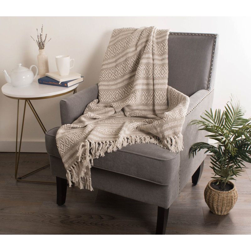 Navy and Off-White Cotton Striped Throw Blanket with Fringe