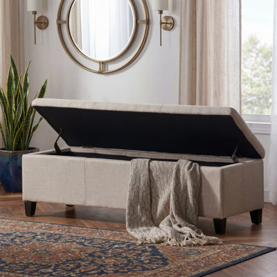 Beige clair, repose-pieds de rangement rembourré moderne avec pieds en bois massif, rembourrage doux et épaissi pour une assise confortable, rangement multifonctionnel avec charnières à soulagement de la pression, nécessite un assemblage simple.