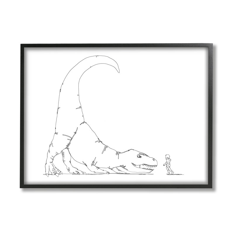 Dinosaure T-Rex et garçon dessin au trait minimal, Giclée encadrée noir minuit, H 11 po x l 14 po