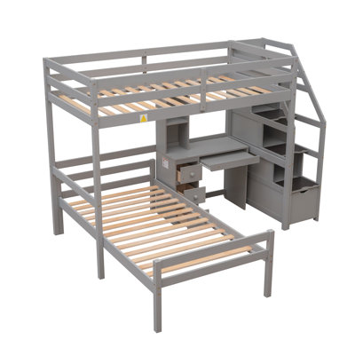 Lit mezzanine simple avec lit autonome, escalier de rangement, bureau, tablettes et tiroirs