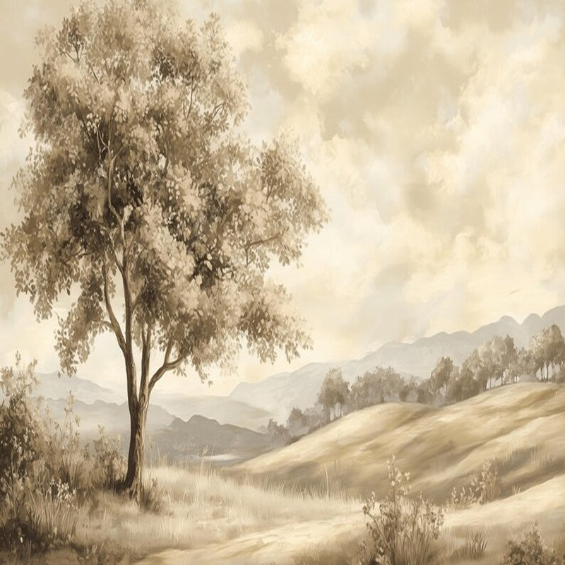 Paysage de sépia tranquille avec arbre et collines, L 108 po x l 96 po