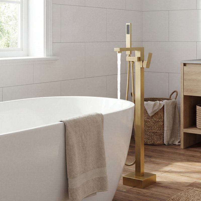 Dual-function 304 Stainless Steel Freestanding Tub Filler with Hand Shower, Brushed Gold