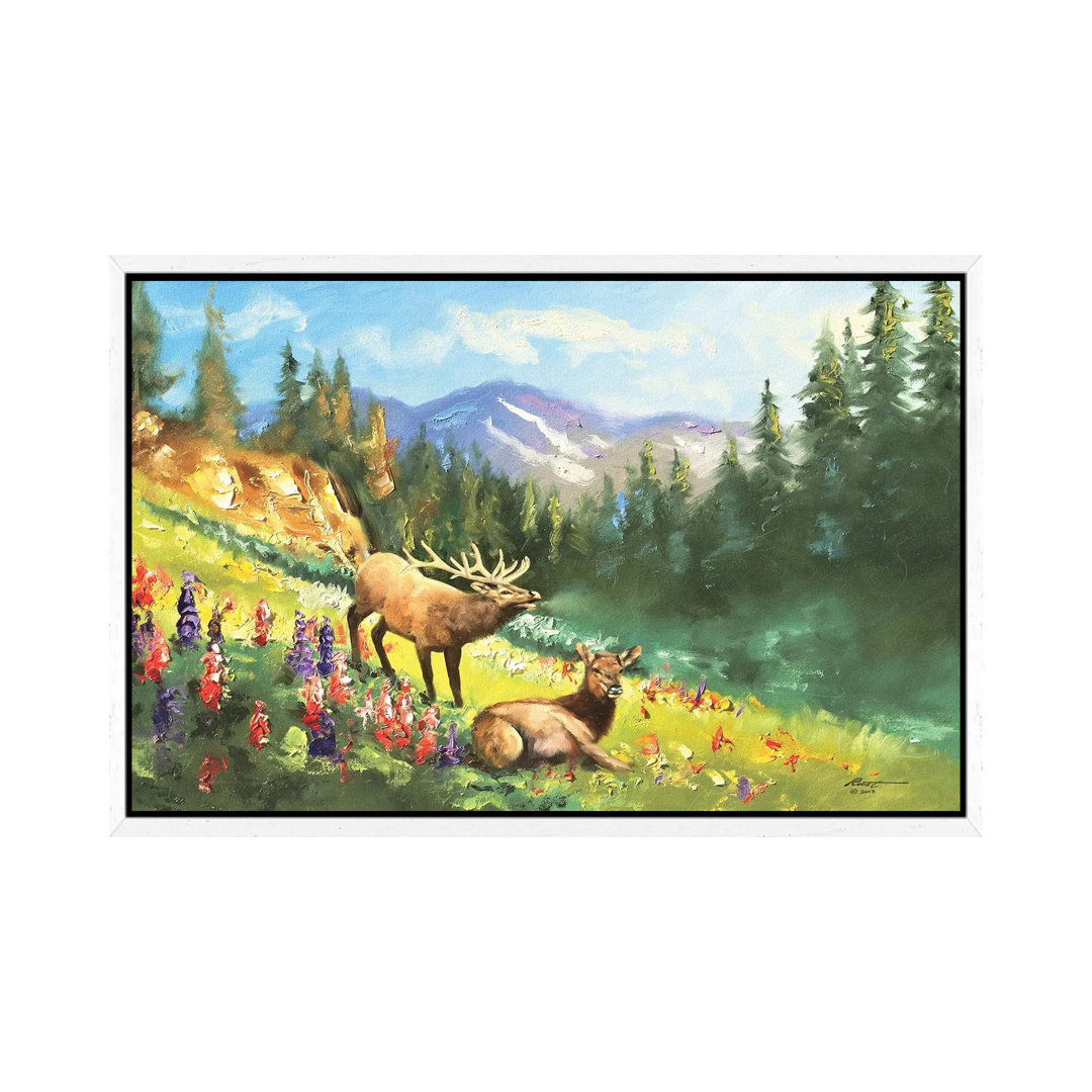 Elch mit Wildblumen von D. "Rusty" Rust - Galerie-umwickelte Leinwand Giclée