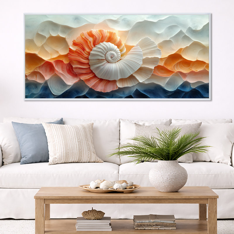 Orange blanc coquillage et paysage de plage marbrée II - reproduction encadrée nautique, art mural sur toile côtière