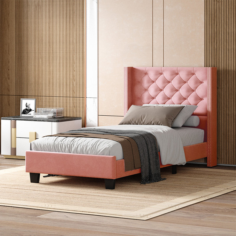 Meriton Wingback Upholstered , Metal frame, No Box Spring, Plywood Slats, Pink, Twin