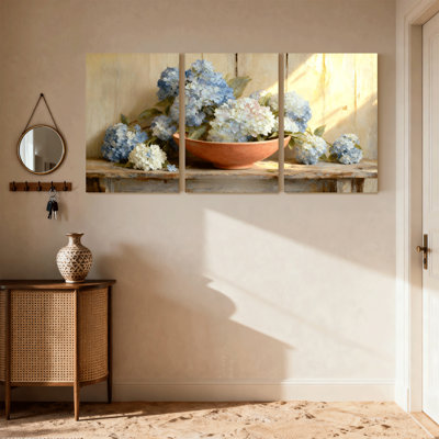 Ensemble de 3 impressions sur toile hydrangées fleurs en terre cuite bol