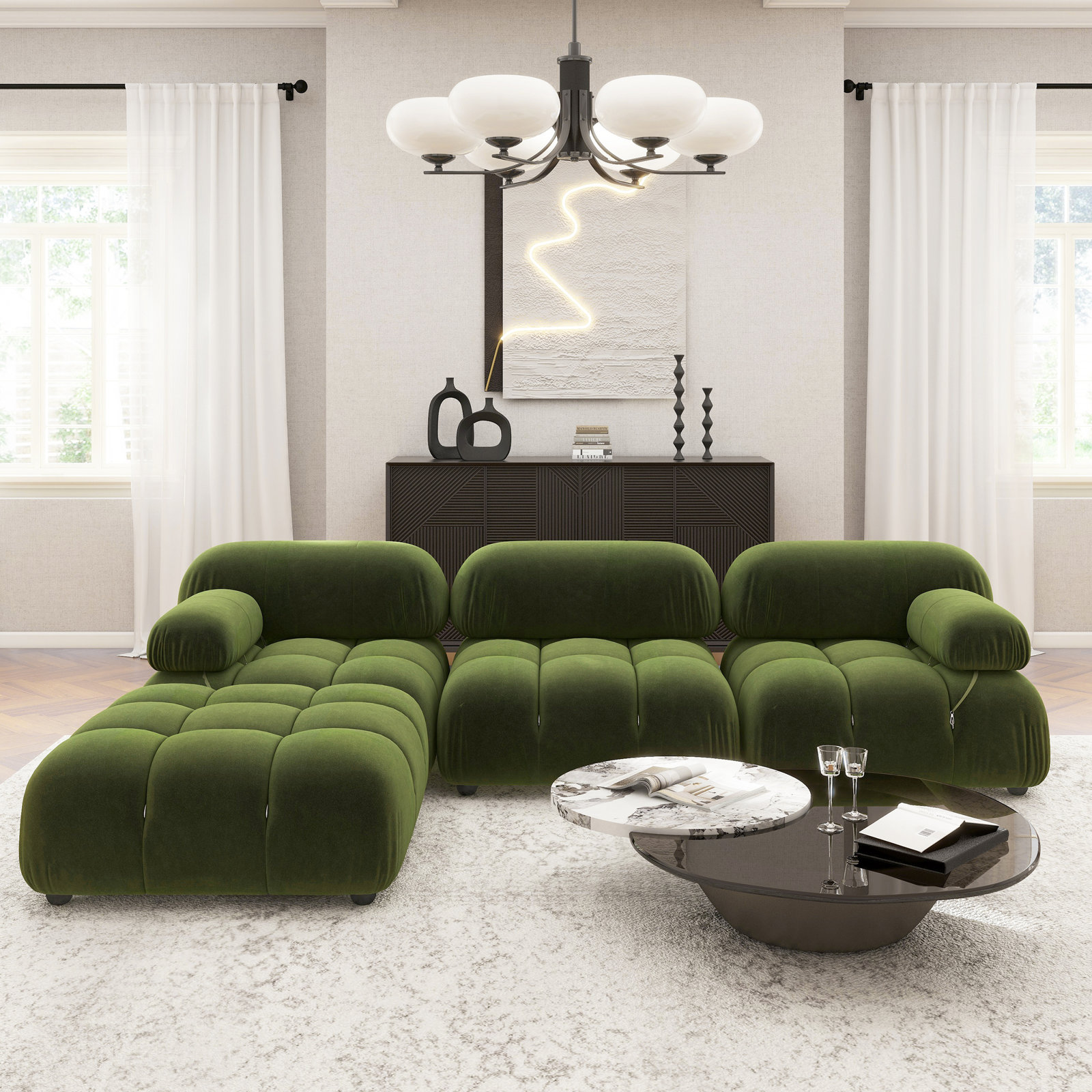 Sigma Modular Upholstered Reversible L-Sectional, Olive Green Velvet
