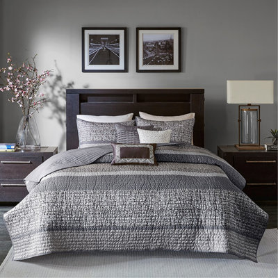 Ensemble de courtepointe réversible en jacquard 6 pièces avec coussins décoratifs gris / taupe très grand / très grand californien