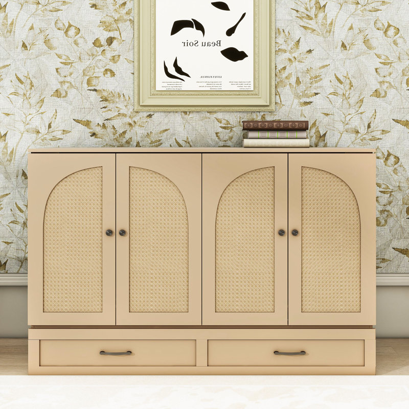 Carlysia Wooden Murphy Bed with Storage Drawers and Built-In Charging Station, Gold, Queen