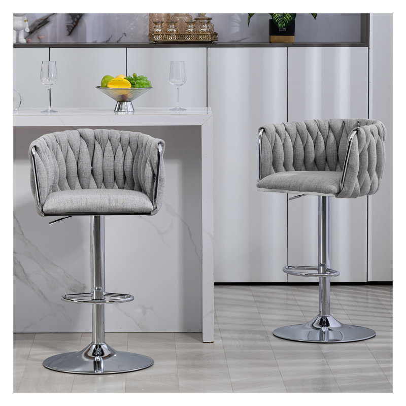 Ensemble de 2 tabourets de bar pivotants à 360 °, tabourets de bar pour îlot de cuisine modernes à hauteur de comptoir ajustable avec dossier tissé et repose-pieds, tabourets de bar revêtus de tissu gris argent chromé