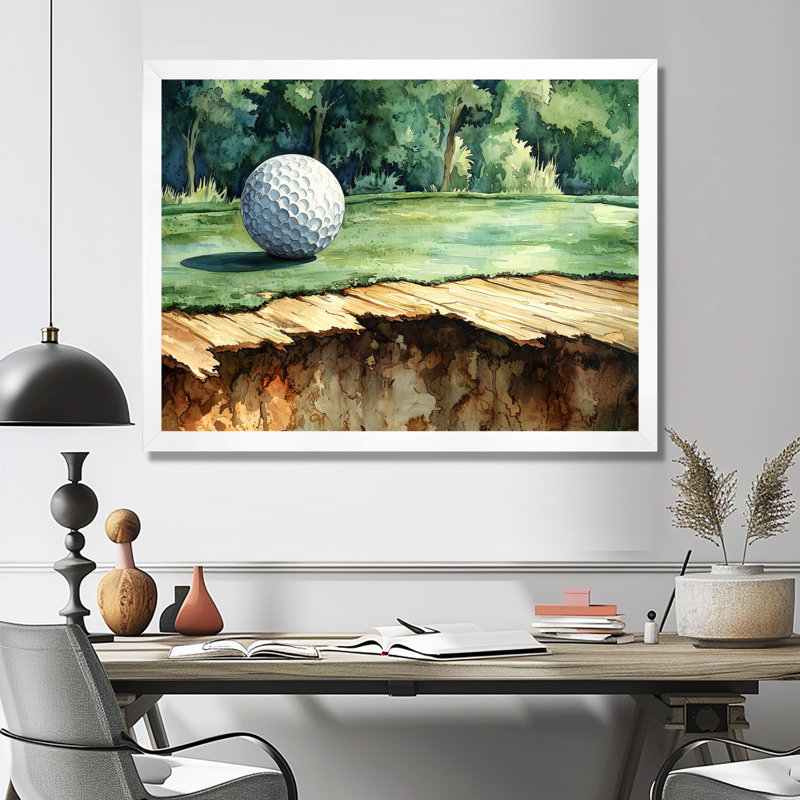 «Chassing the pin», art mural de golf, H 34 po x l 44 po, Cadre flottant, Blanc