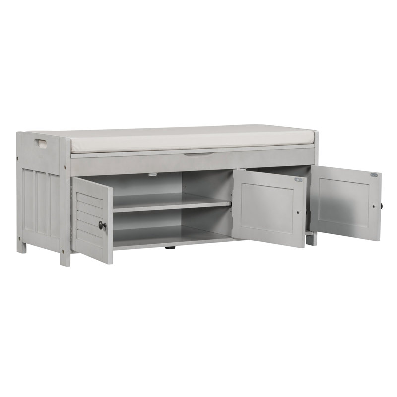 Banc de rangement avec 3 portes en forme de volet, banc à chaussures avec coussin amovible et espace de rangement caché