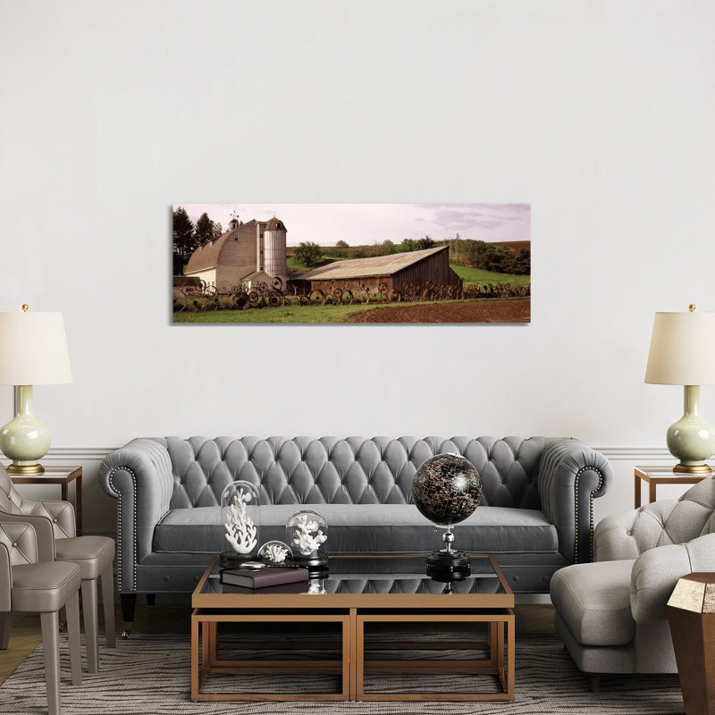 Old Barn With A Fence Made Of Wheels, Palouse, Whitman County, Washington State, USA - Wrapped Canvas Panoramic Print