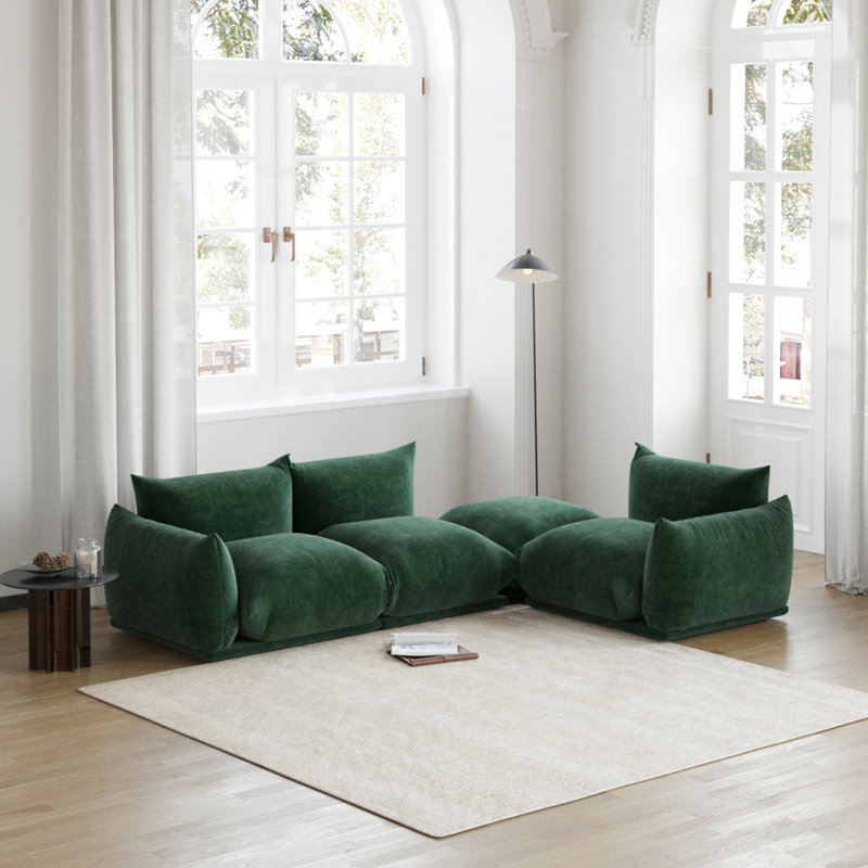 Minarik 3-Seat Chenille Fabric Upholstered Sectional Sofa With Ottoman, Green Chenille, 25.2" H x 103.9" W x 38.58" D