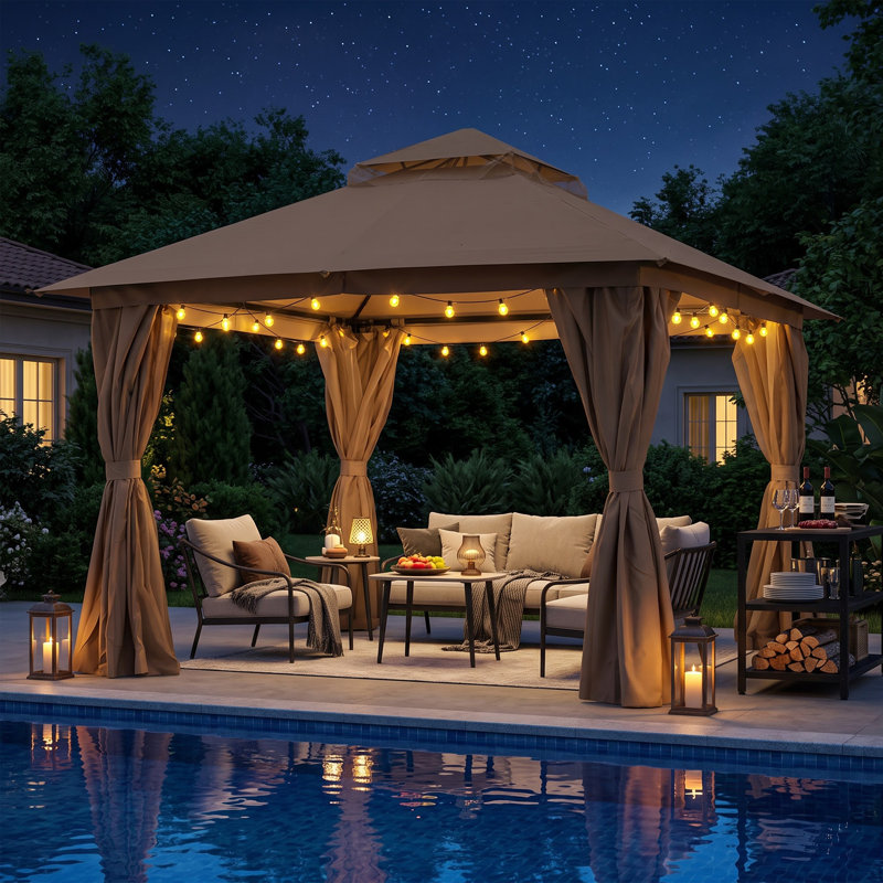 Pavillon de jardin en acier à toit double 12 pi x 12 pi Decksplore, Brown