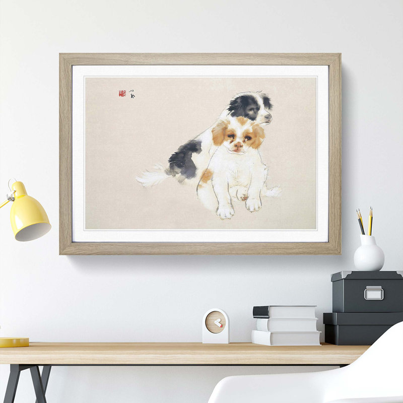 Two Puppies by Takeuchi Seiho - Picture Frame Painting Print, Oak Framed, 36cm H x 48cm W x 2cm D
