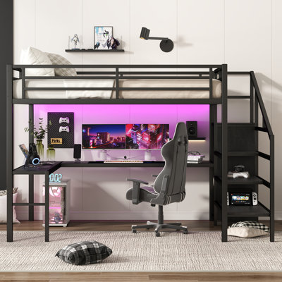 Full Size Loft Bed with L-shaped Desk and USB, Metal Loft Bed with Wardrobe and Adjustable Shelf, High Loft Bed with LED for Kids Teens Adults, Black