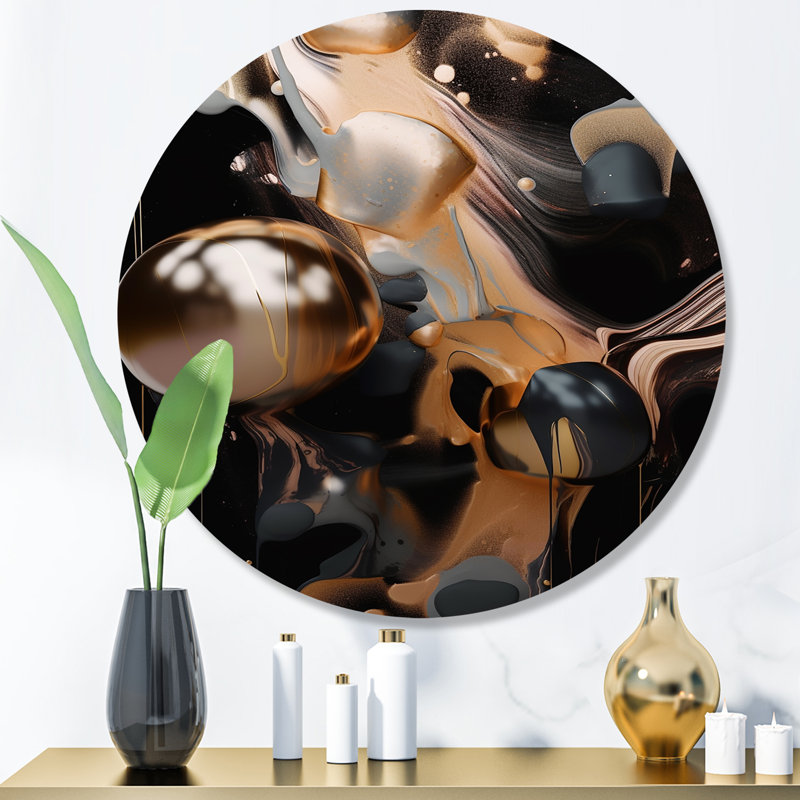 Voyage doré à travers le marbre IV - art abstrait rond en marbre sur métal, H 29 po x l 29 po x P 1 po