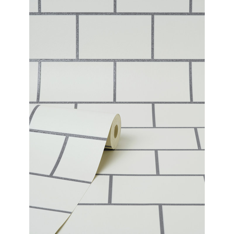Metro Tile White Silver Wallpaper