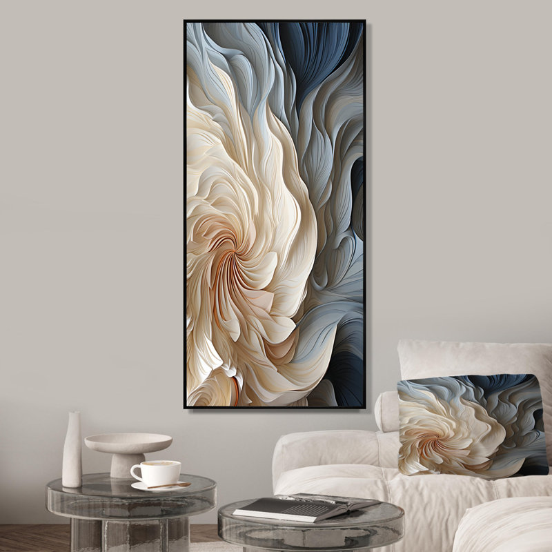 Plume blanche et bleue en spirale II - art abstrait géométrique sur toile, H 60 po x l 28 po, Noir