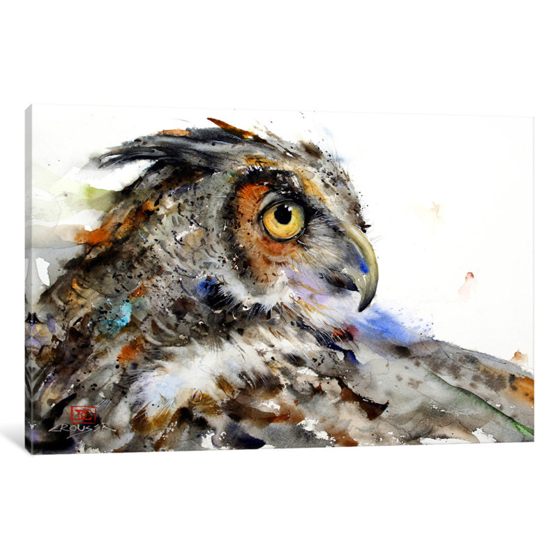 «Owl II», peinture sur toile tendue, H 8 po x l 12 po x P 0,75 po, Toile tendue, Pas de tapis