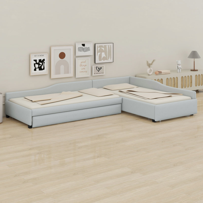 Upholstered Double Daybed With Trundle And Drawer, Beige