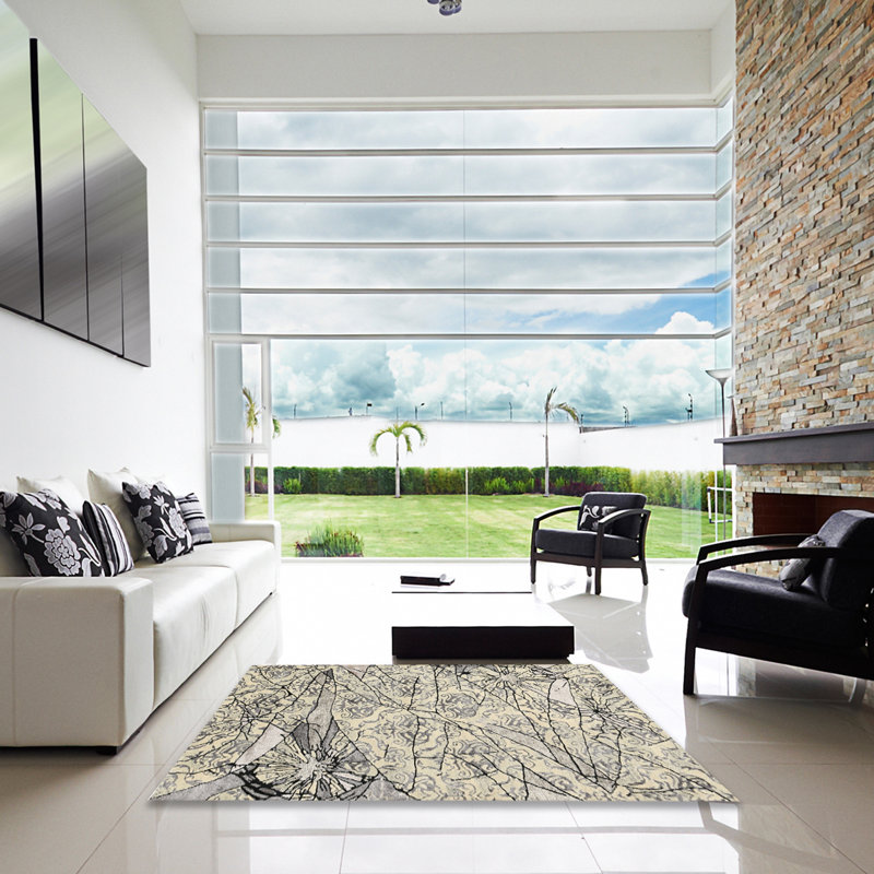 Tapis contemporain beige / noir, Carré 5 pi