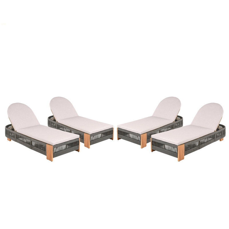 Outdoor  Acacia Wood Patio Adjustable Lounge Chair Set Of 4- Uncushioned For Backyard Pool Garden-Grey Rope & Natural Iron