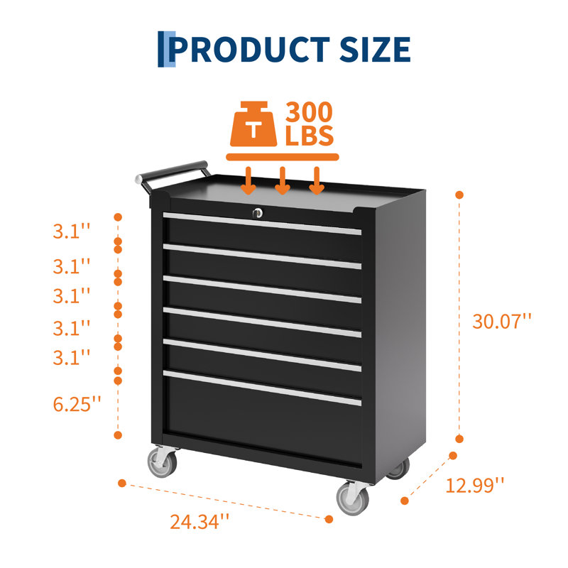 Coffre à outils roulant robuste avec roulettes - Armoire de rangement en métal à 6 tiroirs avec système de verrouillage et doublures de tiroir - Boîte à outils portative pour garage, atelier, entrepôt, atelier de réparation - Noir