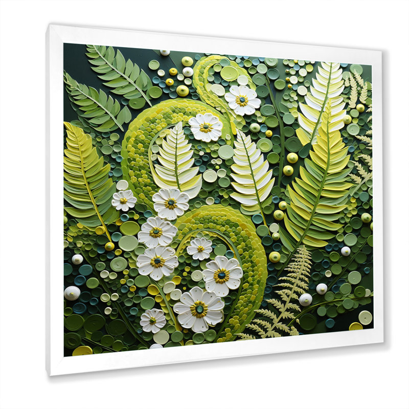 Fougères vert clair plante fantaisiste spirales I - fougères, art mural, H 16 po x l 16 po x P 1 po, Cadre simple blanc