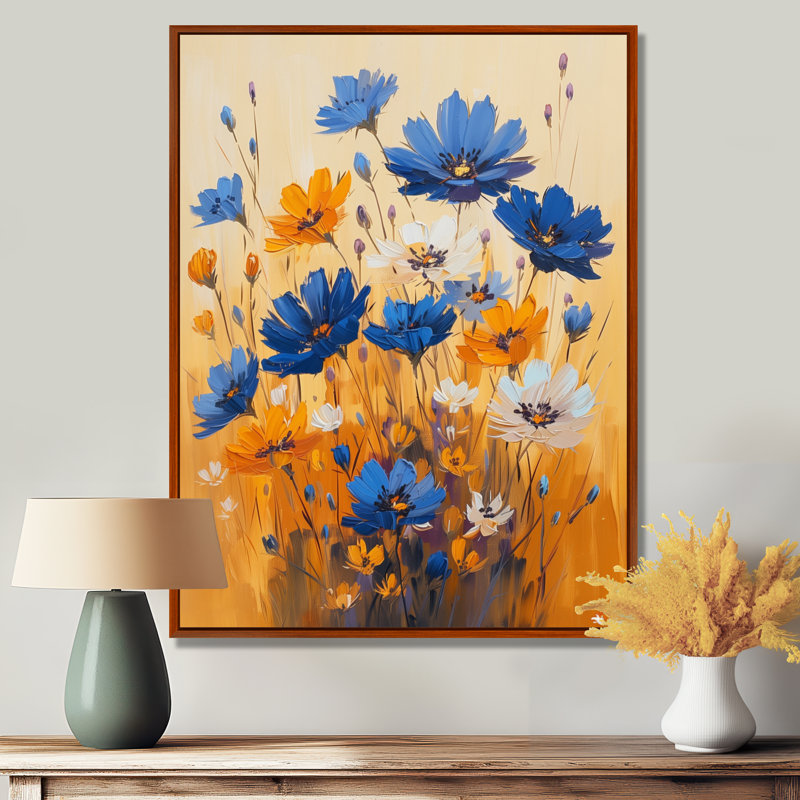 «Yellow Blue Radiant Bloom Cornflowers In Farm IV», impression d'art mural, Toile avec cadre flottant brun