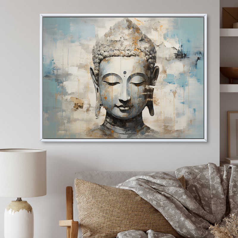 Simple Bouddhism Statue III - Bouddhisme, art mural, Cadre flottant blanc, H 16 po x l 32 po x P 1 po