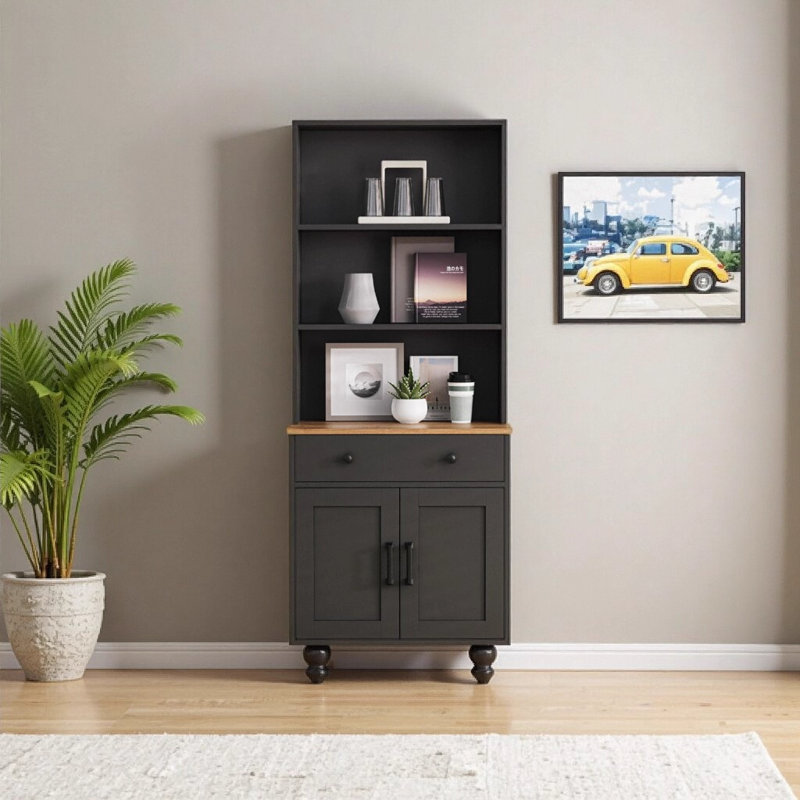Farmhouse Storage Cabinet with Solid Wood Gourd Legs - 5-Tier Bookshelf with Adjustable Shelves & Drawer for Kitchen, Living Room, Black