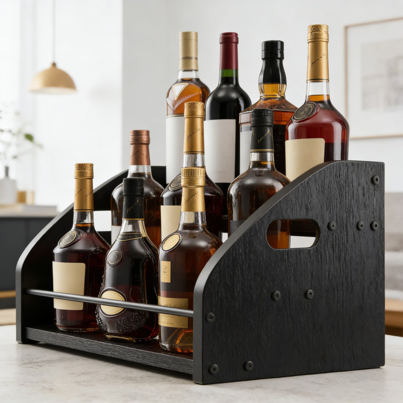 Étagère de rangement à 3 niveaux pour comptoir, présentoir en métal rustique pour bouteilles de vin, boissons alcoolisées, sirops de café et articles de bar essentiels, rangement de cuisine autoportant avec poignées faciles à transporter