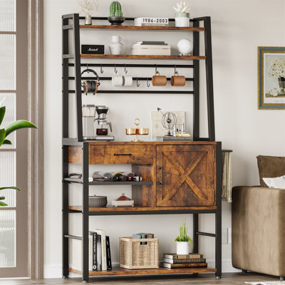 Rustic Brown 6-Tier Baker's Rack With Drawer And Wine Rack, Kitchen Microwave Stand And Coffee Bar Cabinet With Storage Shelves, Metal Hooks, And Tower Rack