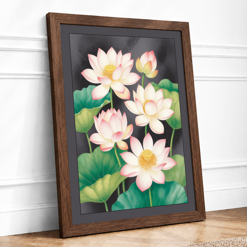 Lotus in Bloom Botanical - Framed Print, A2 - 59.4 x 42.0 cm, Walnut