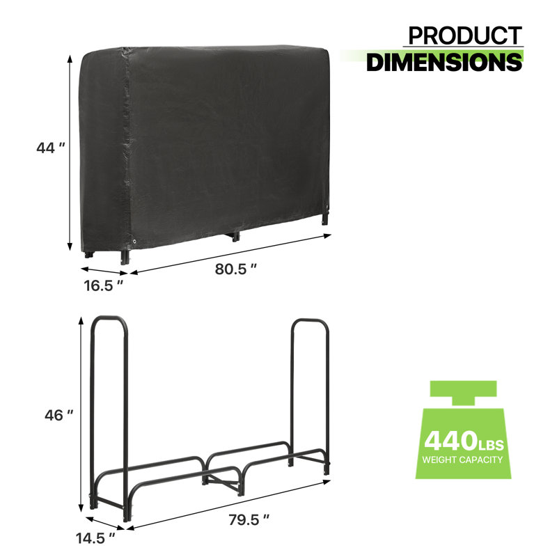 Black 7 ft Steel Firewood Rack with Waterproof Cover