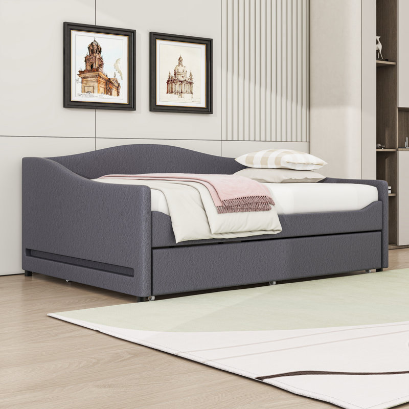 Upholstered Daybed with LED lights and a Twin Size Trundle, Gray, Full