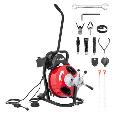 Machine à nettoyer les drains 50 pi 3/8 po avec alimentation automatique 250 W, interrupteur à pied pneumatique à vis sans fin et 4 couteaux, tambour semi-fermé pour tuyaux de 2 po à 4 po