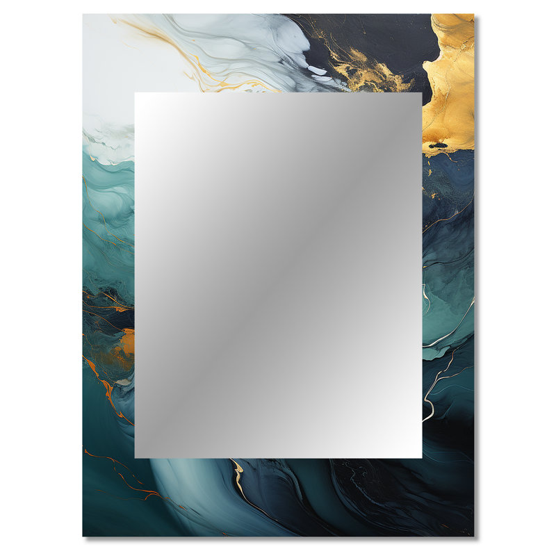Or et vert cascade de marbre blanc I - peinture abstraite unique miroir mural, miroir doré, impression sur métal