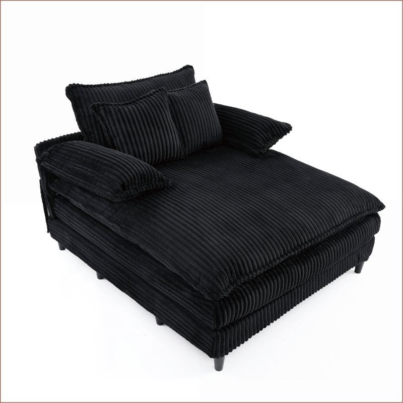 Chaise longue, canapé-lit réglable à 4 vitesses de 54,75 po avec 2 coussins | Velours côtelé | Noir | Cadre en bois massif