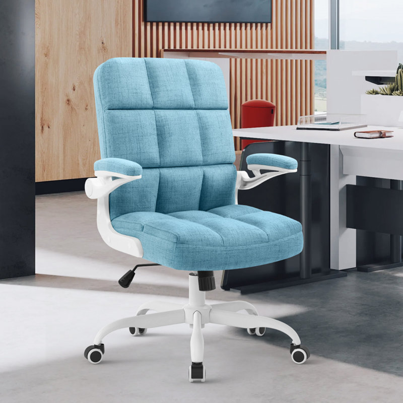Ergonomic Executive Chair, White, Linen, Light Blue