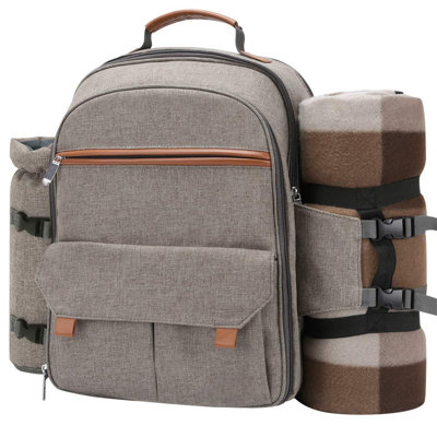 Picnic Backpack For 4 Person With Blanket Picnic Basket Set For 2 With Insulated Cooler Wine Pouch For Family Couples (Brush Beige)