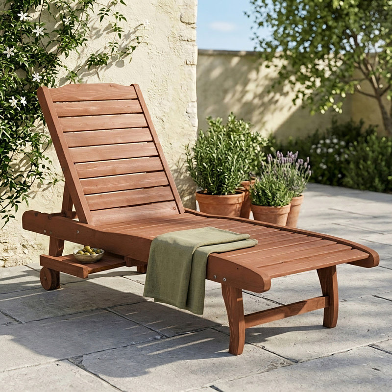 Chaise Lounge Chair Outdoor Wooden Pool Lounge Chair With 3-Level Adjustable Backrest, Built-In Table And Rolling Wheels, Sun Tanning Chair For Beach Poolside Sunbathing, Brown Red